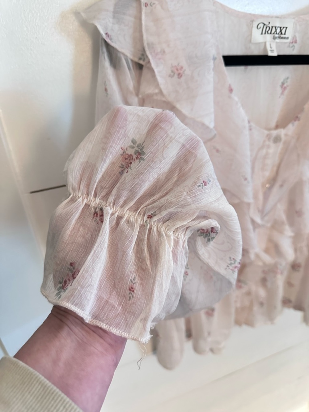 TRIXXI L Greta Pale Pink ditzy floral ruffled chest & sleeve sheer button blouse - Picture 8 of 14